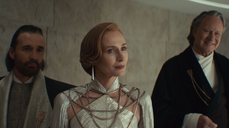 Perrin Fertha (Allistair Mackenzie), Mon Mothma (Genevieve O'Reilly) and Luthen Rael (Stellan Skarsgård) in Lucasfilm's ANDOR Season 2