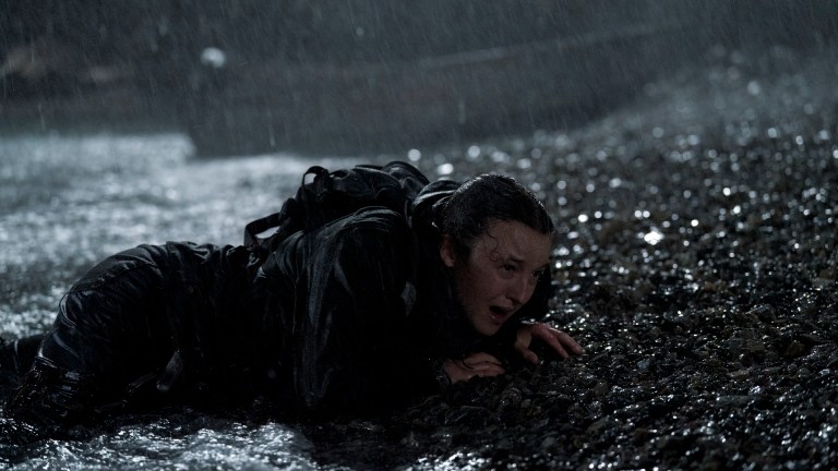Ellie (Bella Ramsey) washes ashore in her search for Abby in The Last of Us season 2
