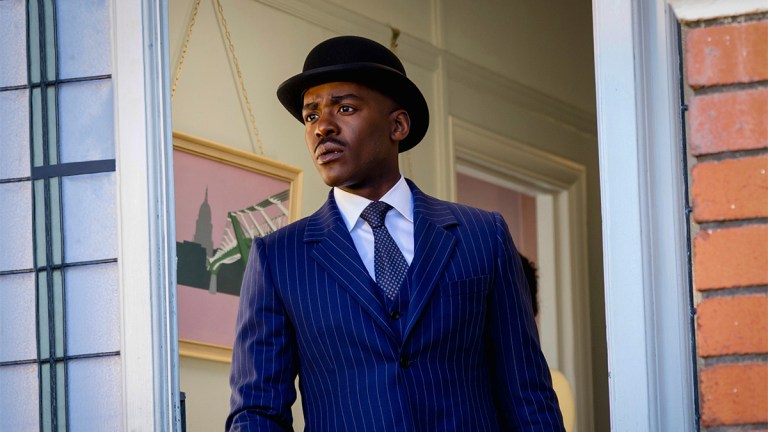 Ncuti Gatwa in Doctor Who series 15 wearing a bowler hat and blue suit