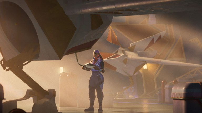 A Wakandan Tech examines Basha's aircraftin Marvel Animation's EYES OF WAKANDA, exclusively on Disney+. Photo courtesy of Marvel. © 2025 MARVEL. All Rights Reserved.