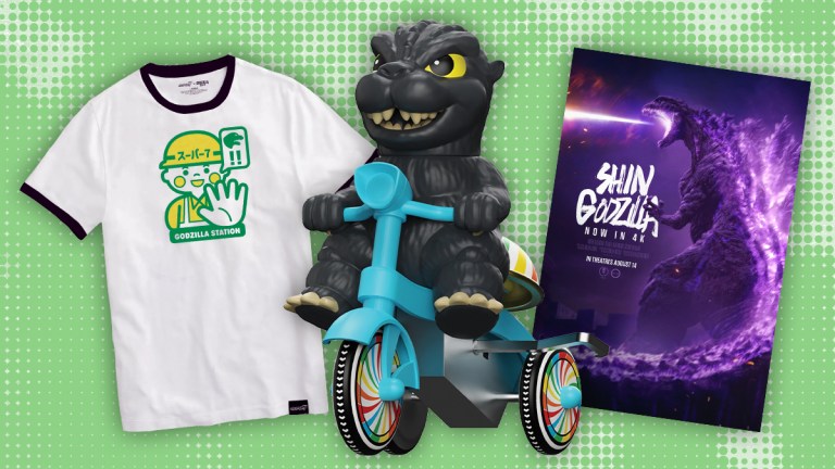 A Kaiju team shirt, Godzilla on a tricycle, and Shin Godzilla poster