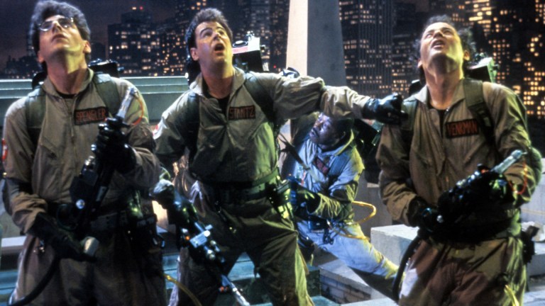Left to right: Harold Ramis, Dan Aykroyd, Ernie Hudson (background) and Bill Murray in a scene from the film 'Ghostbusters', directed by Ivan Reitman, 1984. (Photo by Columbia Pictures/Getty Images)