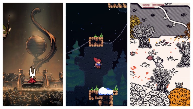 Screengrabs from the games Hollow Knight: Silksong, Celeste, and Chicory: A Colorful Tale