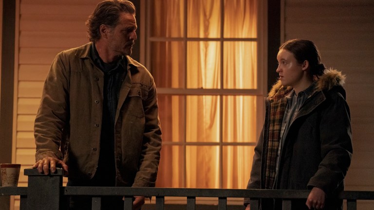 Joel (Pedro Pascal) and Ellie (Bella Ramsey) have a heart to heart on the porch in The Last of Us season 2