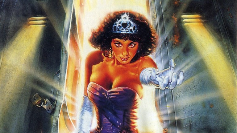 An illustration of a teen prom queen reaching a gloved hand out of her high school locker