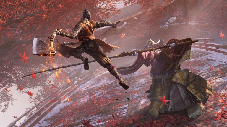 An image from the game Sekiro Shadows Die Twice in which the protagonist ninja jumps through the air at an enemy.