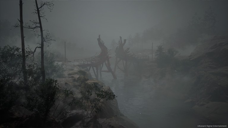 A destroyed bridge seen through fog in a Silent Hill f screen grab.