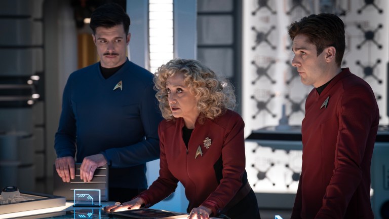 L to R Dan Jeannotte as Sam Kirk, Carol Kane as Pelia and Martin Quinn as Scotty in season 3 , Episode 5 of Strange New Worlds streaming on Paramount+.