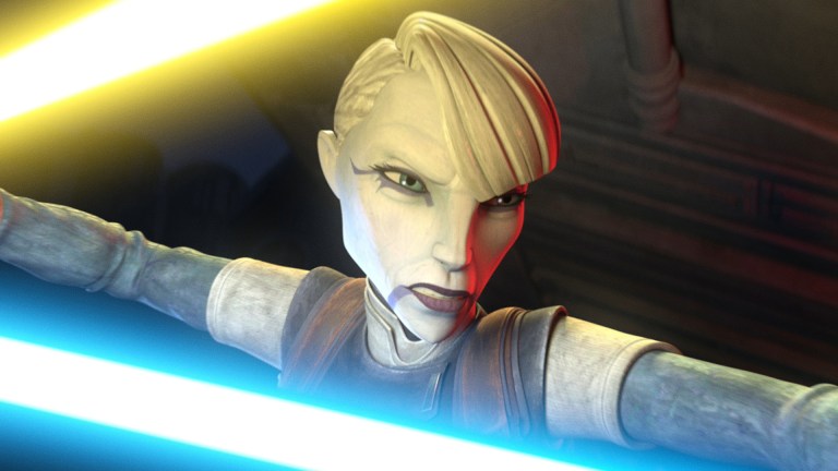 Asajj Ventress wielding a yellow and blue lightsaber in Tales of the Underworld