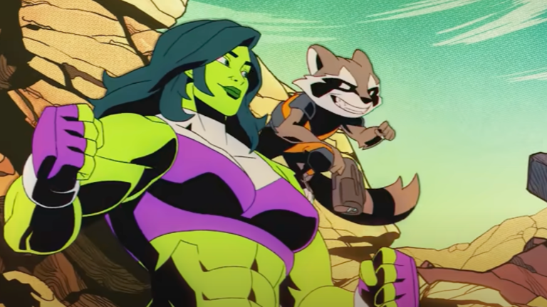 She-Hulk and Rocket Raccoon pose in the video game MARVEL Cosmic Invasion.