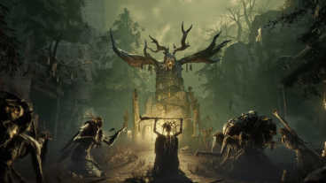 A screen grab from the game Mistfall Hunter featuring creatures bowing before some skeletal relic.