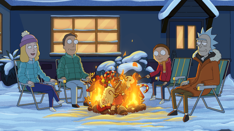 The Smith family gathers for a bonfire in the snow on Rick and Morty season 8.